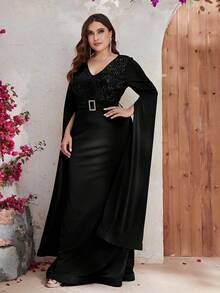 YISIKADO Plus Contrast Sequin Cloak Sleeve Belted Dress - Black - View 5