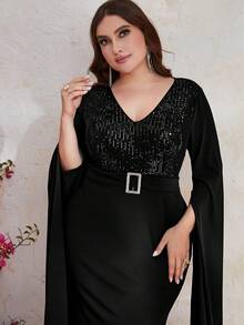 YISIKADO Plus Contrast Sequin Cloak Sleeve Belted Dress - Black - View 6