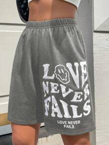 SHEIN Unity 標語和卡通圖案彈性腰帶短褲 - 淺灰色 - 查看 1