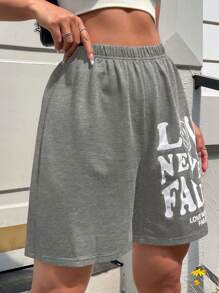 SHEIN Unity 標語和卡通圖案彈性腰帶短褲 - 淺灰色 - 查看 3