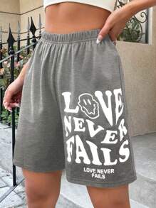 SHEIN Unity 標語和卡通圖案彈性腰帶短褲 - 淺灰色 - 查看 4