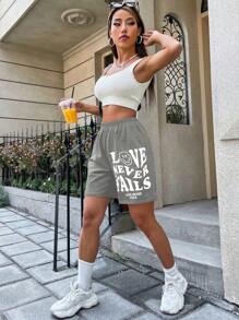 SHEIN Unity 標語和卡通圖案彈性腰帶短褲 - 淺灰色 - 查看 5