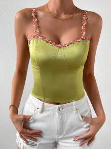 Chiquease 貼花撞色滾邊吊帶上衣 - 綠色 - 查看 3