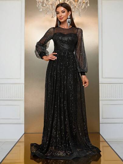 YISIKADO Contrast Sequin Mesh Panel Lantern Sleeve Maxi Formal Dress