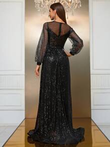 YISIKADO Contrast Sequin Mesh Panel Lantern Sleeve Maxi Formal Dress