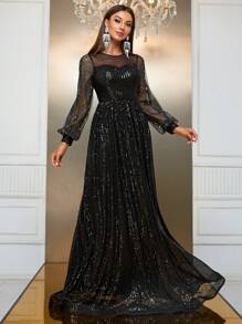 YISIKADO Contrast Sequin Mesh Panel Lantern Sleeve Maxi Formal Dress