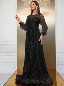 YISIKADO Contrast Sequin Mesh Panel Lantern Sleeve Maxi Formal Dress
