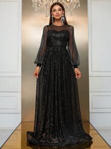 YISIKADO Contrast Sequin Mesh Panel Lantern Sleeve Maxi Formal Dress