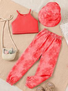 SHEIN Cô Gái Trẻ Chất rắn Cami ngọn & Nhuộm buộc Quần & Mũ - Màu Cam san hô - Xem 1