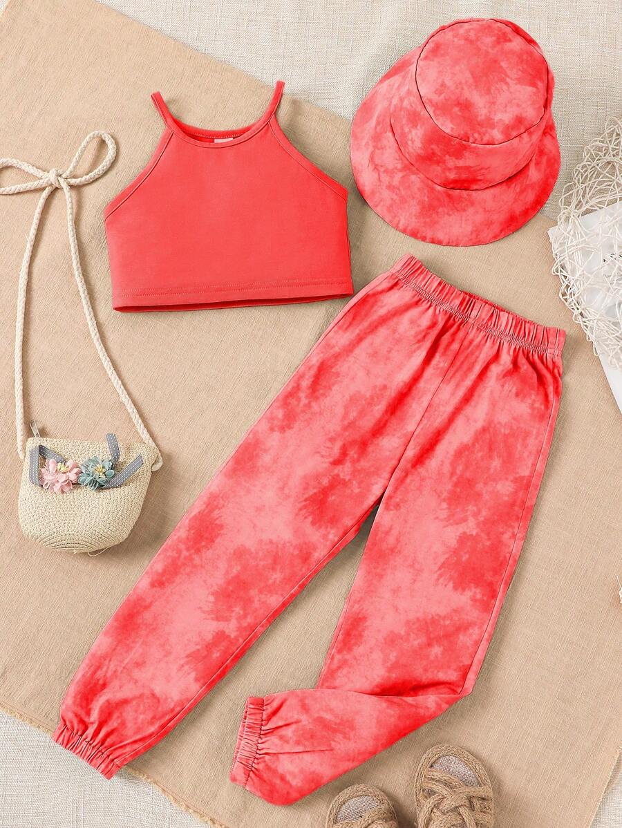 SHEIN Cô Gái Trẻ Chất rắn Cami ngọn & Nhuộm buộc Quần & Mũ - Màu Cam san hô - Xem 1