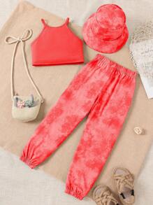 SHEIN Cô Gái Trẻ Chất rắn Cami ngọn & Nhuộm buộc Quần & Mũ - Màu Cam san hô - Xem 2