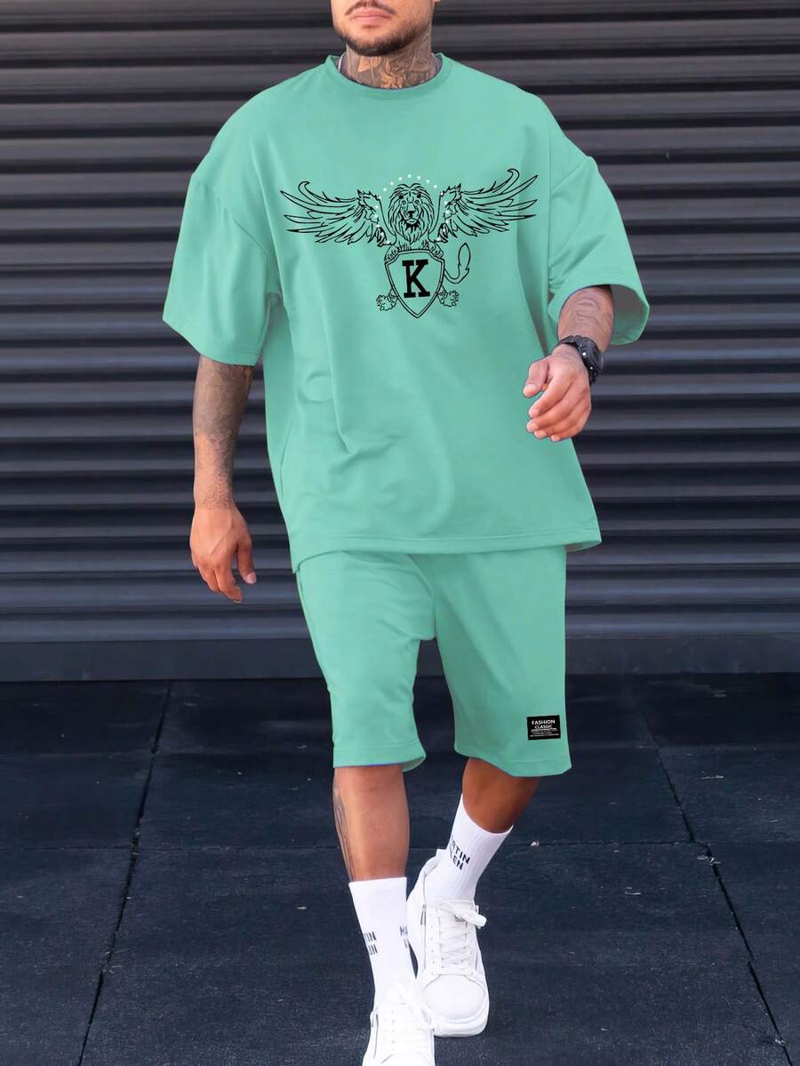 Manfinity EMRG Đàn ông cộng Cánh & Đồ họa sư tử in hoa Áo thun & Đồ họa Chữ cái Quần short - màu xanh lá - Xem 1