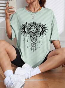 SHEIN EZwear 日月圖案落肩T恤 - 薄荷綠 - 查看 1