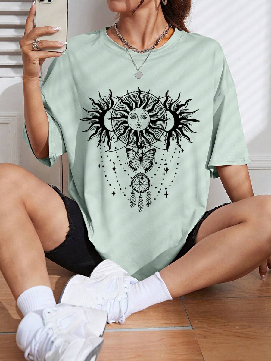 SHEIN EZwear 日月圖案落肩T恤 - 薄荷綠 - 查看 1