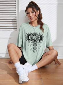 SHEIN EZwear 日月圖案落肩T恤 - 薄荷綠 - 查看 3