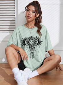 SHEIN EZwear 日月圖案落肩T恤 - 薄荷綠 - 查看 4