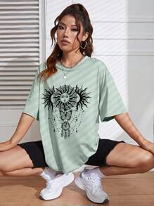 SHEIN EZwear 日月圖案落肩T恤 - 薄荷綠 - 查看 6