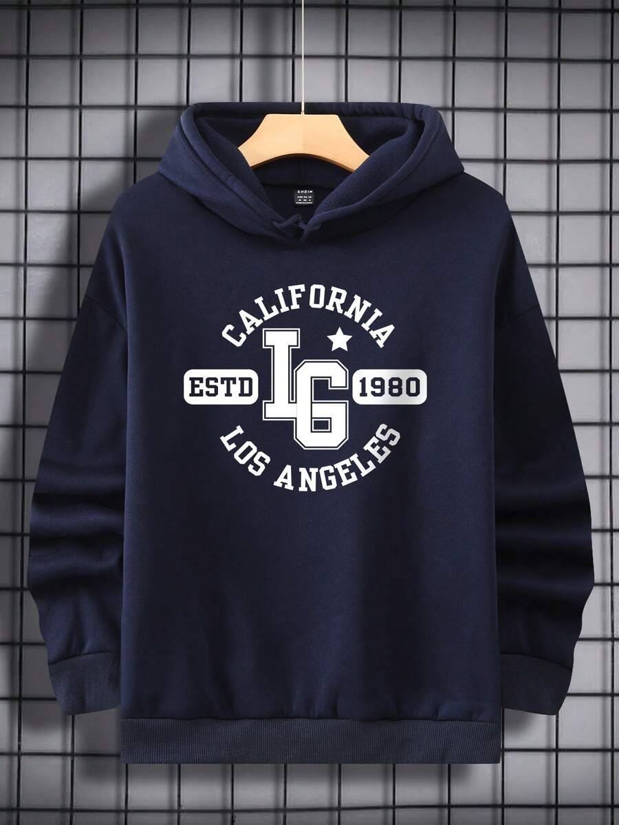 Nam Đồ họa Chữ cái Thả vai Lót nhiệt Hoodie - Màu xanh hải quân - Xem 1