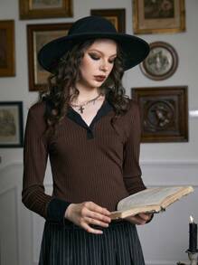 ROMWE Academia Contrast Collar Ribbed Tee