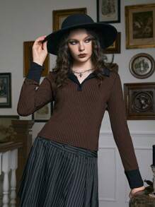 ROMWE Academia Contrast Collar Ribbed Tee