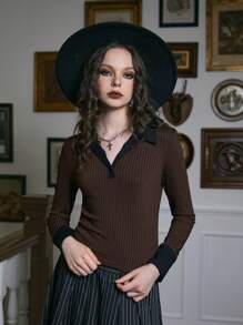 ROMWE Academia Contrast Collar Ribbed Tee