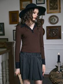 ROMWE Academia Contrast Collar Ribbed Tee