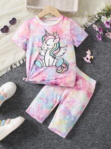 SHEIN 女小童2入組/套紮染卡通休閒短袖T恤和短褲帶圓形翻領適用於兒童,夏天 - 彩色 - 查看 1