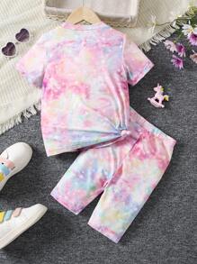 SHEIN 女小童2入組/套紮染卡通休閒短袖T恤和短褲帶圓形翻領適用於兒童,夏天 - 彩色 - 查看 2