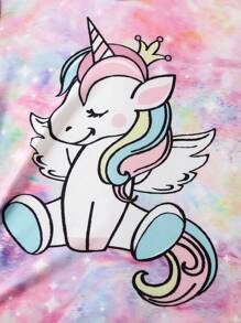 SHEIN 女小童2入組/套紮染卡通休閒短袖T恤和短褲帶圓形翻領適用於兒童,夏天 - 彩色 - 查看 4