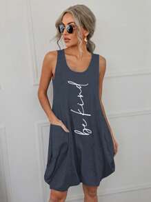 SHEIN LUNE Đồ họa Khẩu hiệu Túi kép Váy ba lỗ - Màu xanh bụi bặm - Xem 1