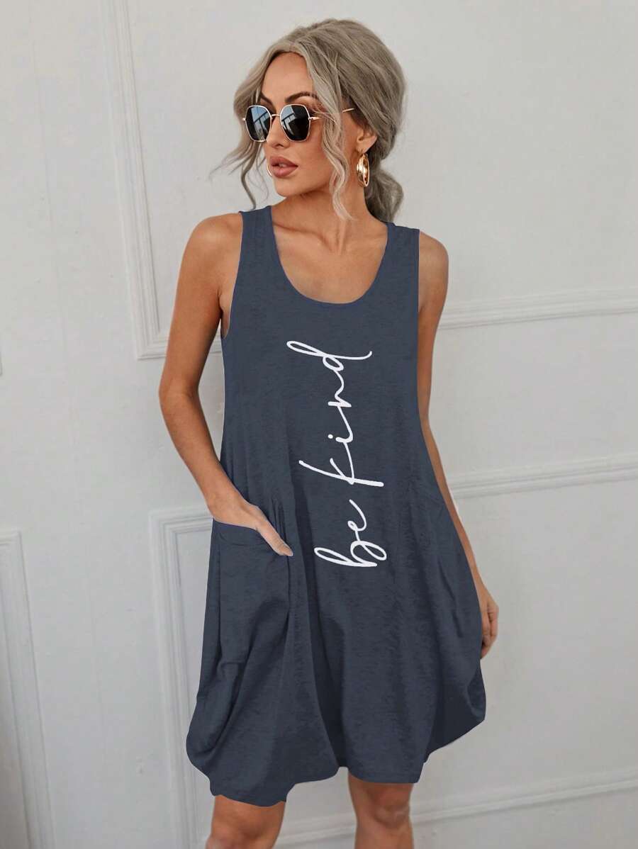 SHEIN LUNE Đồ họa Khẩu hiệu Túi kép Váy ba lỗ - Màu xanh bụi bặm - Xem 1