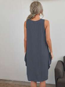 SHEIN LUNE Đồ họa Khẩu hiệu Túi kép Váy ba lỗ - Màu xanh bụi bặm - Xem 2