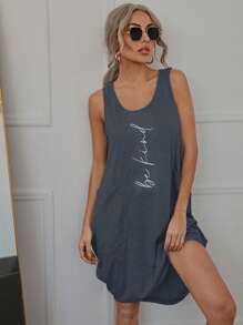 SHEIN LUNE Đồ họa Khẩu hiệu Túi kép Váy ba lỗ - Màu xanh bụi bặm - Xem 4