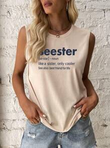 SHEIN LUNE Đồ họa Khẩu hiệu Áo ba lỗ - Màu Khaki - Xem 1