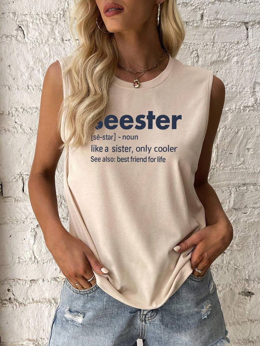 SHEIN LUNE Đồ họa Khẩu hiệu Áo ba lỗ - Màu Khaki - Xem 1