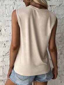 SHEIN LUNE Đồ họa Khẩu hiệu Áo ba lỗ - Màu Khaki - Xem 2