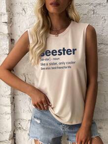 SHEIN LUNE Đồ họa Khẩu hiệu Áo ba lỗ - Màu Khaki - Xem 3