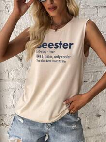 SHEIN LUNE Đồ họa Khẩu hiệu Áo ba lỗ - Màu Khaki - Xem 4