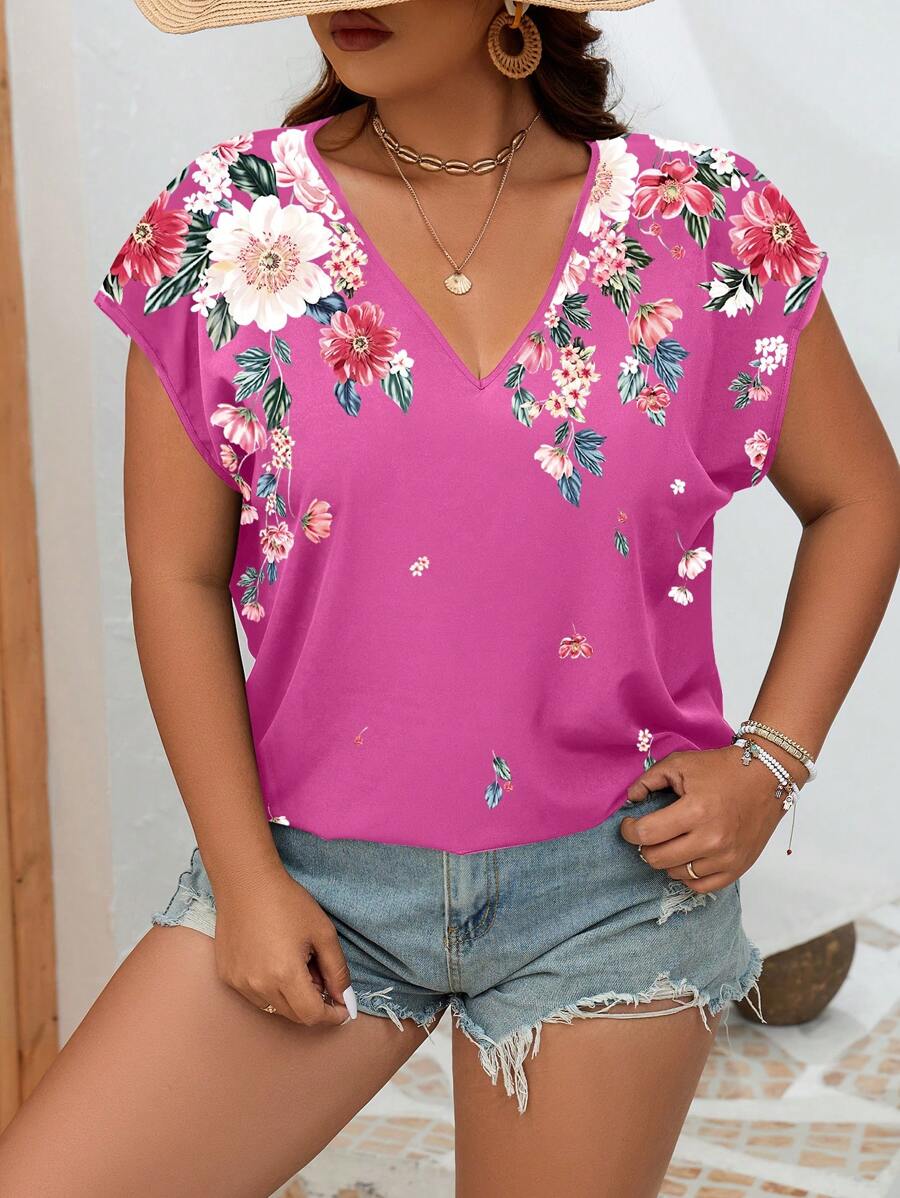 SHEIN LUNE 大碼印花蝙蝠袖襯衫 - 玫紅色 - 查看 1