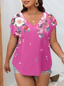 SHEIN LUNE 大碼印花蝙蝠袖襯衫 - 玫紅色 - 查看 4