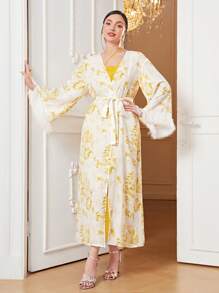 Modelyn 印花毛茸茸袖口腰帶外套和洋裝 - 黃色 - 查看 1