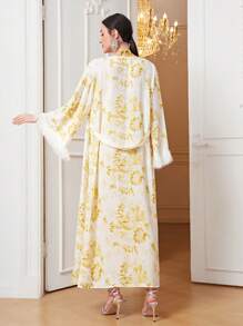 Modelyn 印花毛茸茸袖口腰帶外套和洋裝 - 黃色 - 查看 2