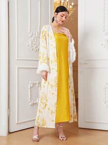 Modelyn 印花毛茸茸袖口腰帶外套和洋裝 - 黃色 - 查看 3
