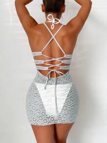 SHEIN Swim 露背繫帶繞頸蕾絲緊身連衣裙 - 灰色 - 查看 1