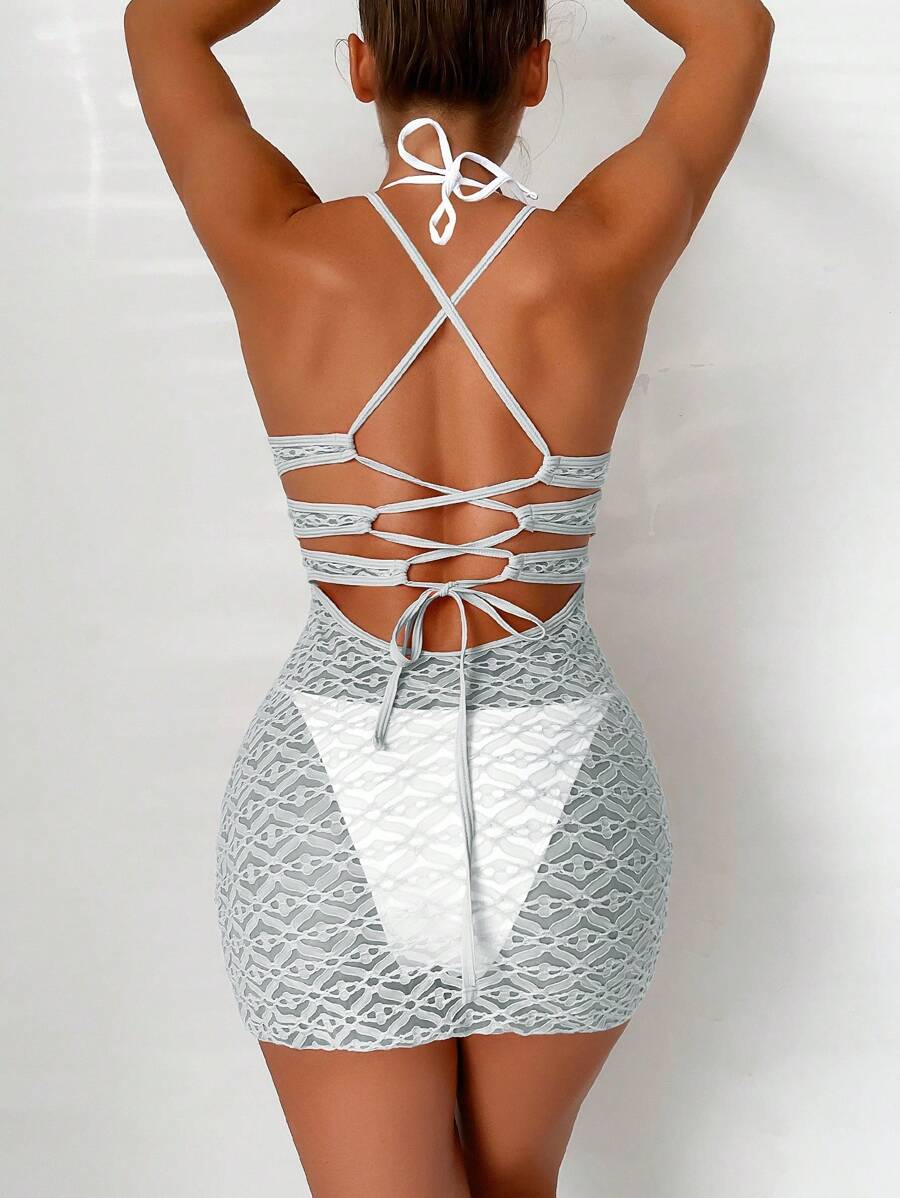 SHEIN Swim 露背繫帶繞頸蕾絲緊身連衣裙 - 灰色 - 查看 1