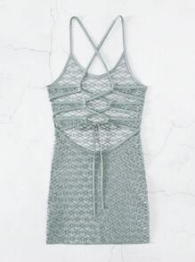 SHEIN Swim 露背繫帶繞頸蕾絲緊身連衣裙 - 灰色 - 查看 2