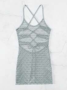 SHEIN Swim 露背繫帶繞頸蕾絲緊身連衣裙 - 灰色 - 查看 3