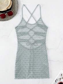 SHEIN Swim 露背繫帶繞頸蕾絲緊身連衣裙 - 灰色 - 查看 6