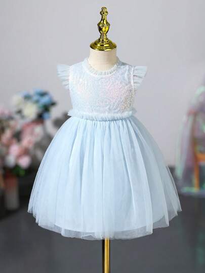 SHEIN 女小童蕾絲拼接荷葉邊網紗邊派對禮服