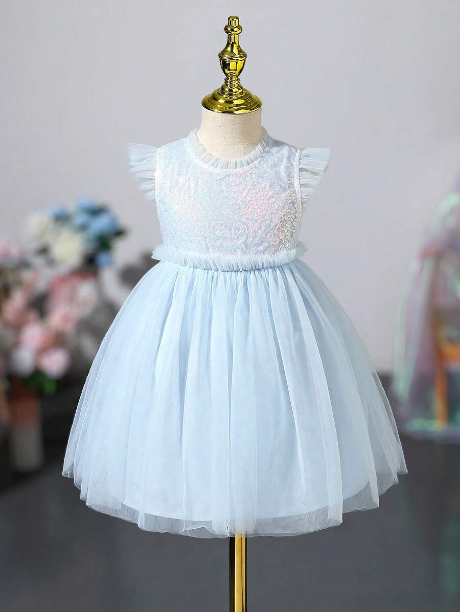 SHEIN 女小童蕾絲拼接荷葉邊網紗邊派對禮服 - 淺藍色 - 查看 1